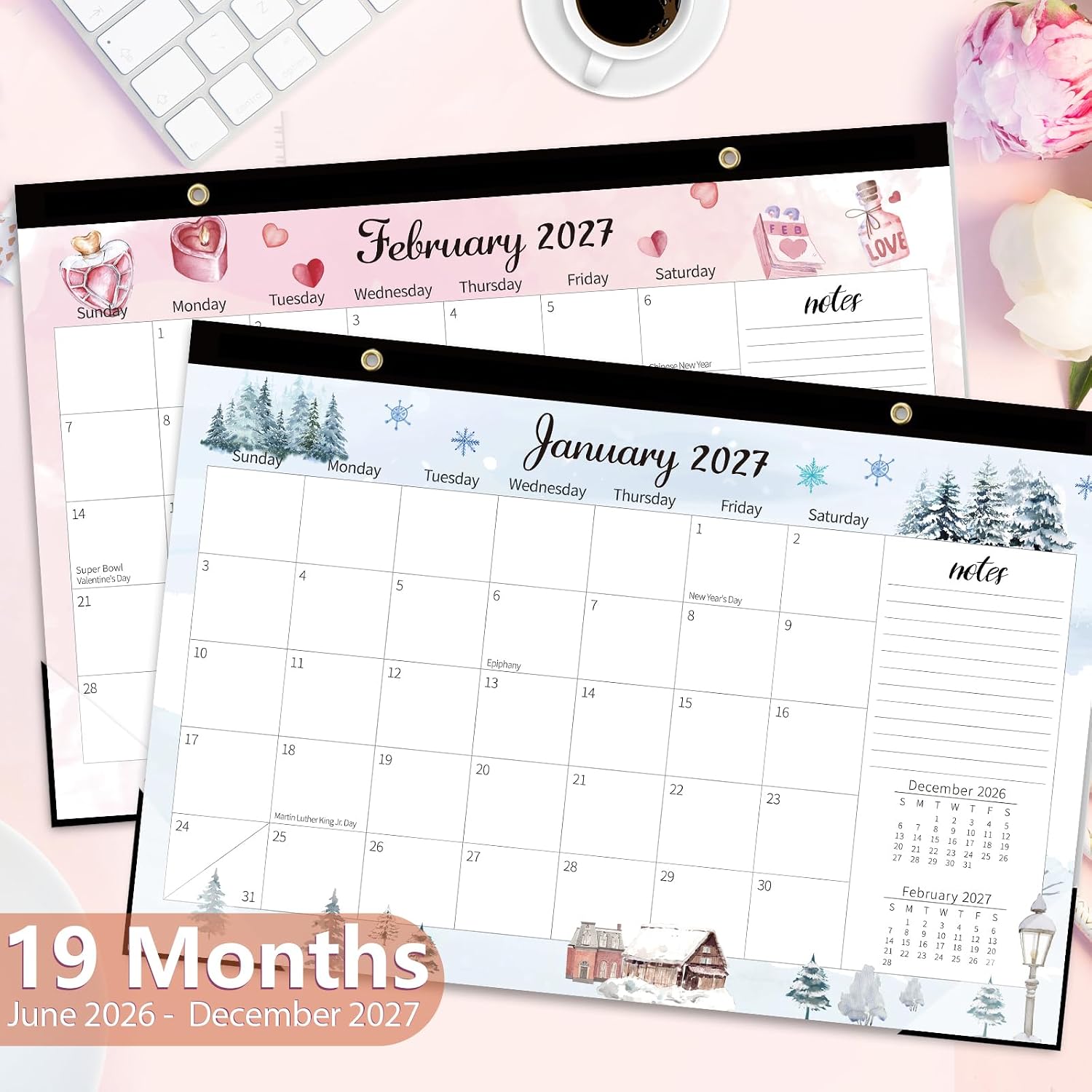 GuassLee Large Desk Calendar 2026-2027, 19 Months, 17" x 11.5" | Jun 2026-Dec 2027 Desktop/Wall Calendar, Monthly Planner with Watercolor Design for Office School Home Organizing
