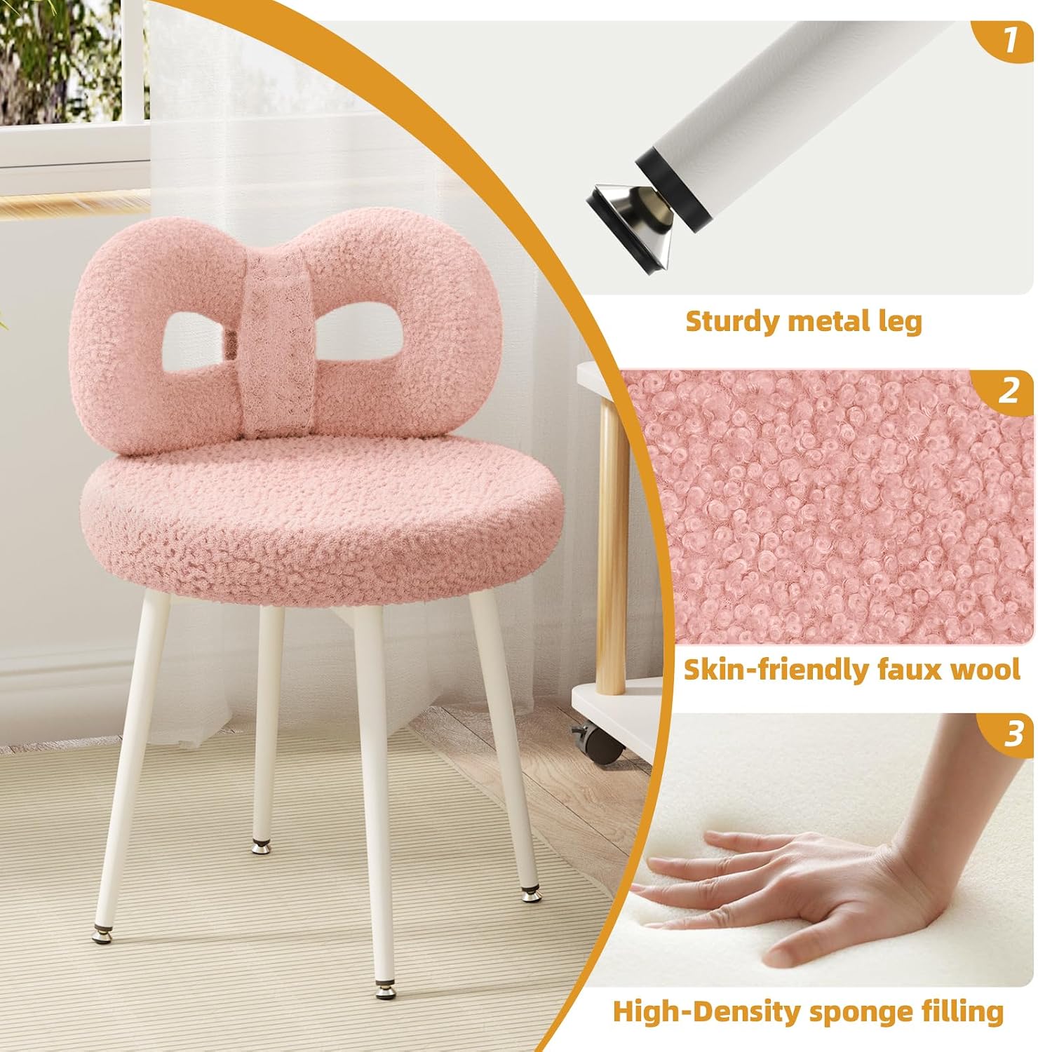 ROOMTEC Swivel Vanity Chair with Back, Upholstered Desk Chair for Girls, Modern Makeup Vanity for Bedroom, Living Room (Pink)