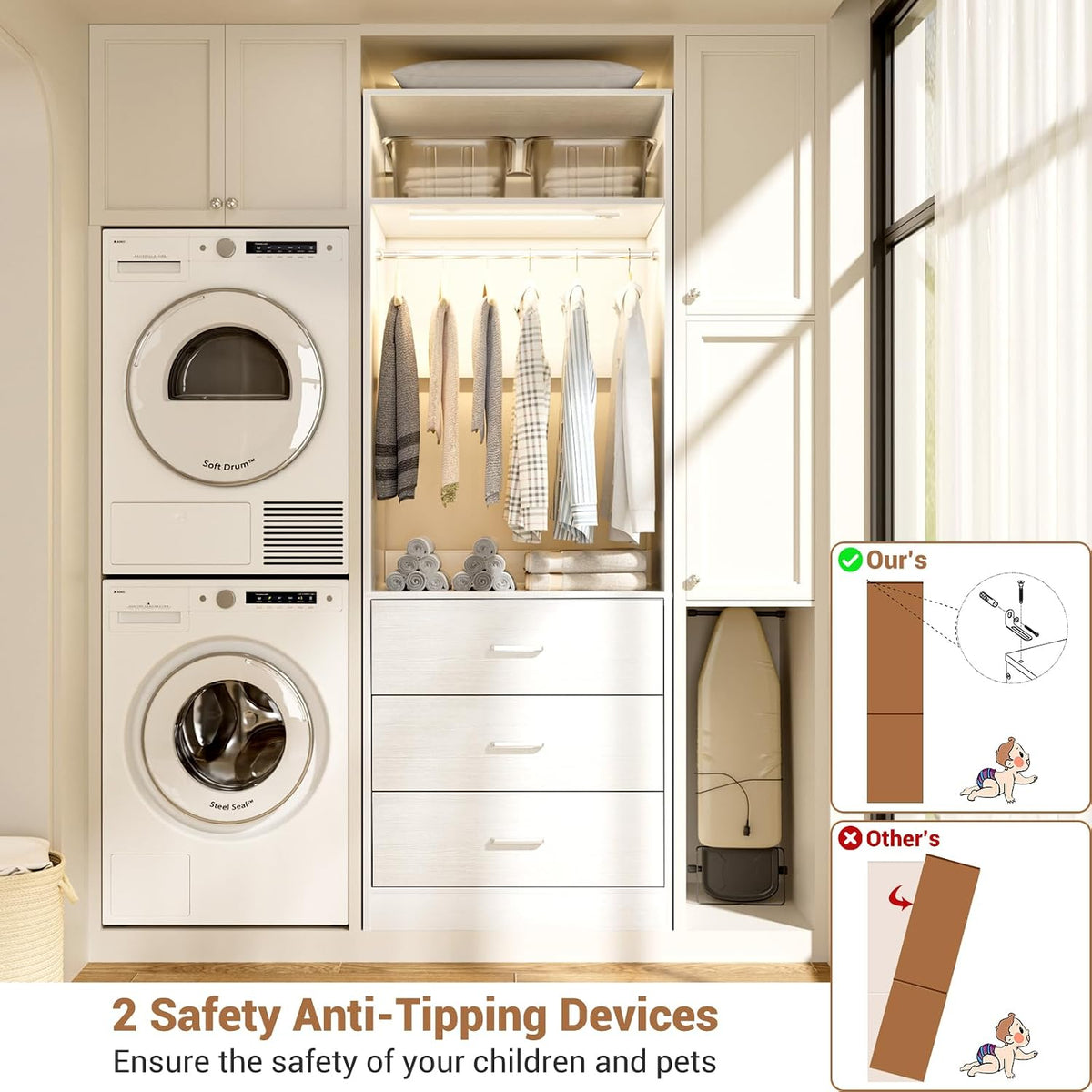 Besiost Closet System with Drawers & Sensor Light, White (Enclosed Storag...