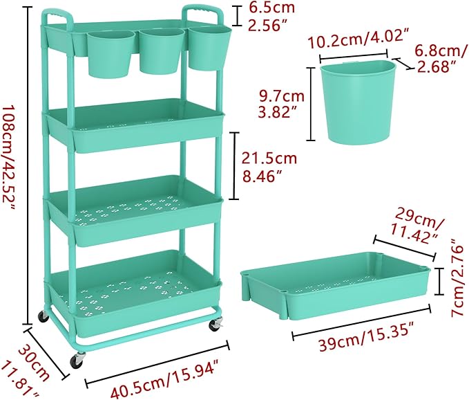 JIUYOTREE 4-Tier Plastic Rolling Storage Cart Utility Cart - Image 2