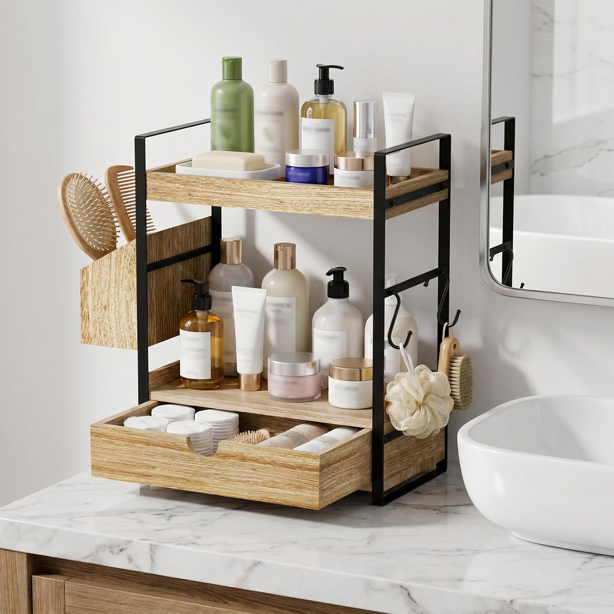 Kottwca 2-Tier Bathroom Counter Organizer with Drawer, Wooden Vanity Shelf