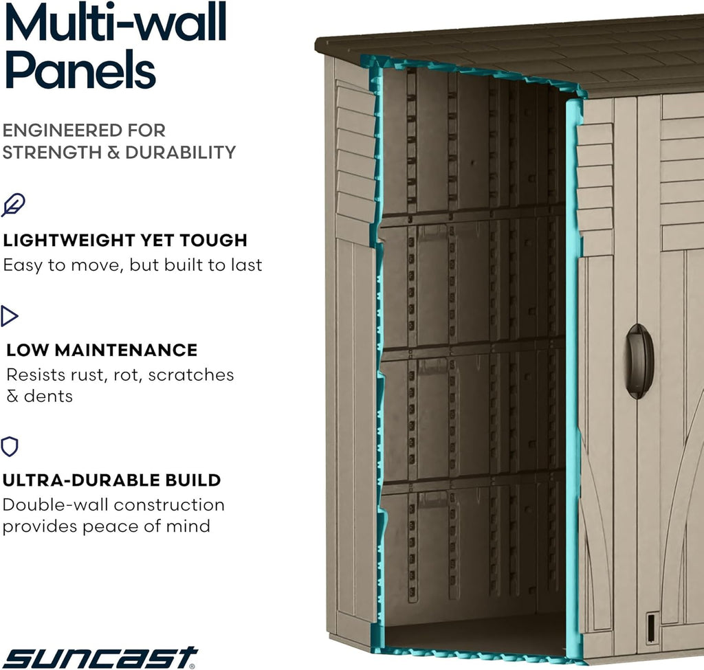 suncast outdoor storage shed, water resistant resin vertical, package contents