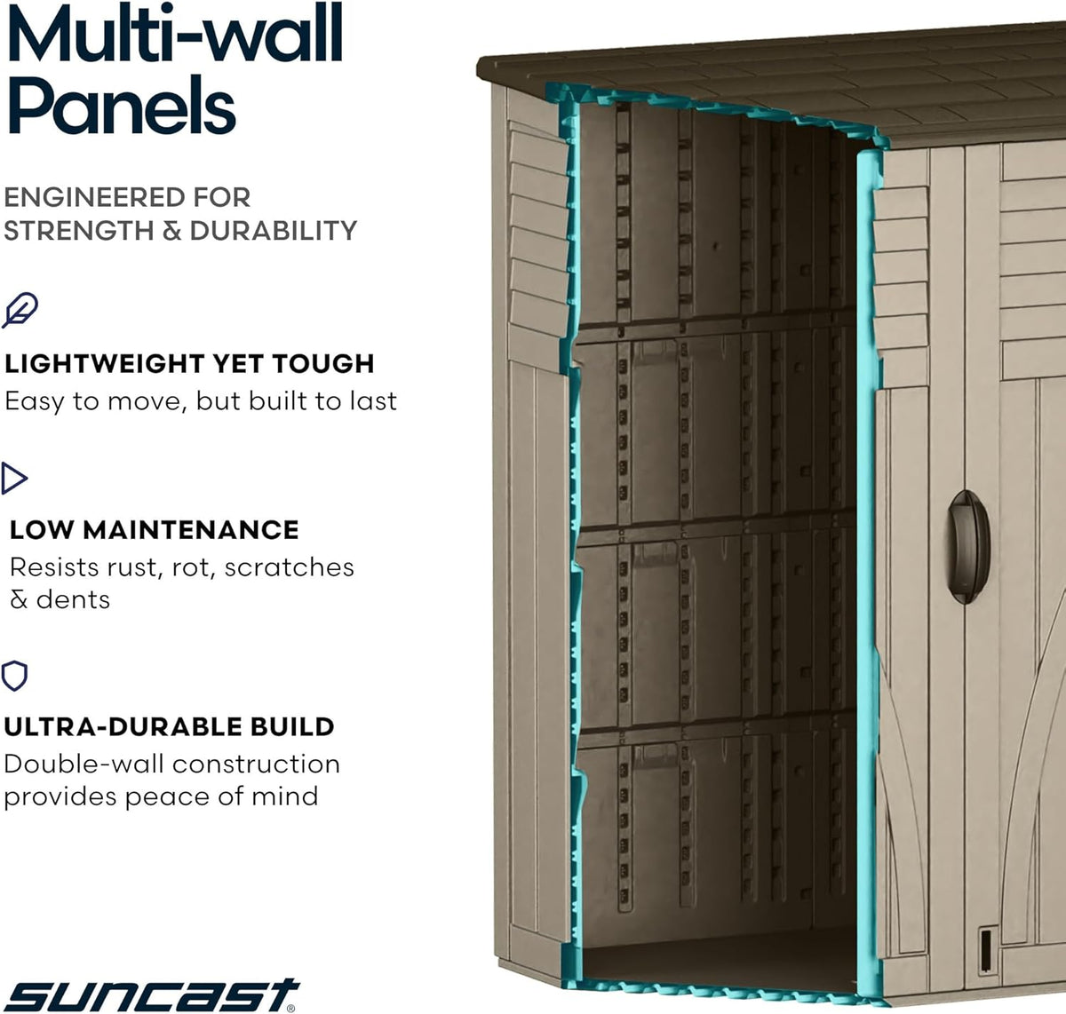 suncast outdoor storage shed, water resistant resin vertical, package contents