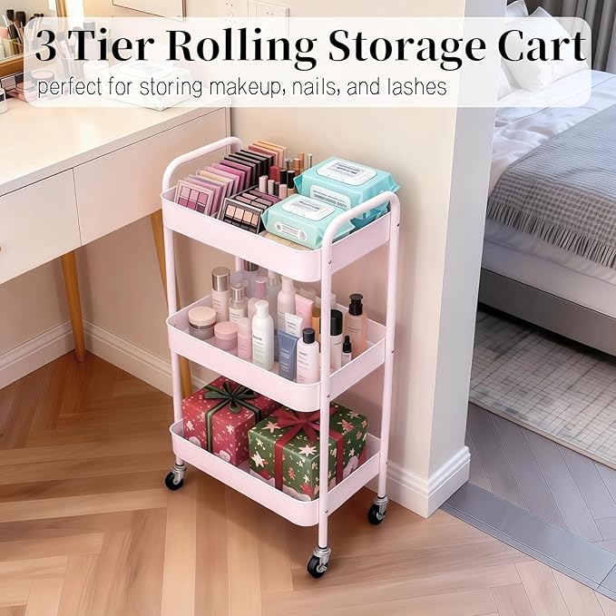 LIWNYRK 3 Tier Pink Rolling Cart - Image 2