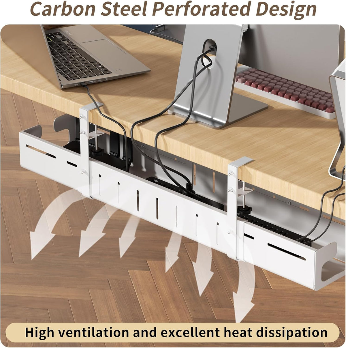 Under Desk Cable Management Tray,Expandable 25.2" – 38.6",White
