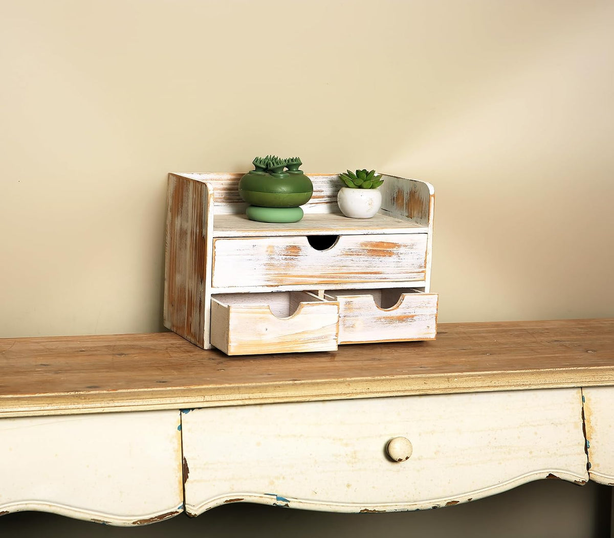 White Wooden 3 Drawer Desk Organizer with Shelf,Mail Rack Vanity Storage