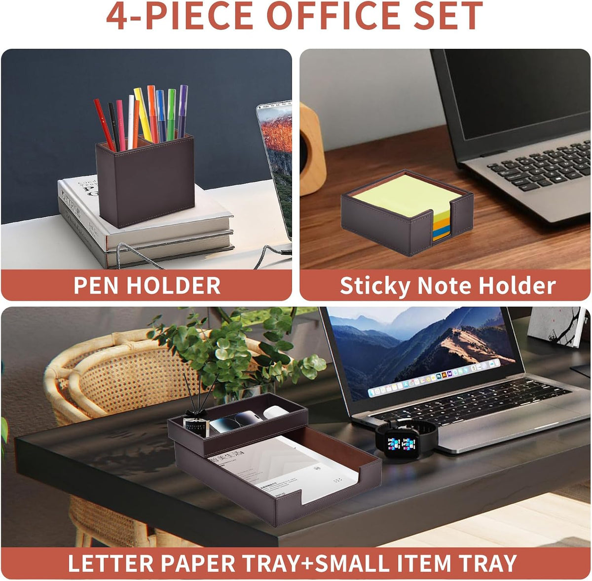 4 Pack Leather Office Supplies/Desk Organizer for Letter Paper Tray,Sticky No...