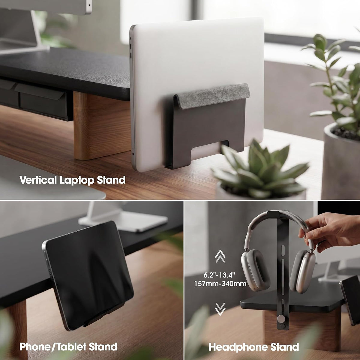 Fenge Modular Dual Monitor Stand Riser with Solid Ash Wood Leg, 42.5" Black