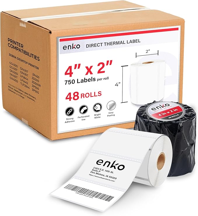 enKo 4" x 2" Labels for Zebra Desktop Printers Direct Thermal Address Mailing by enKoProducts