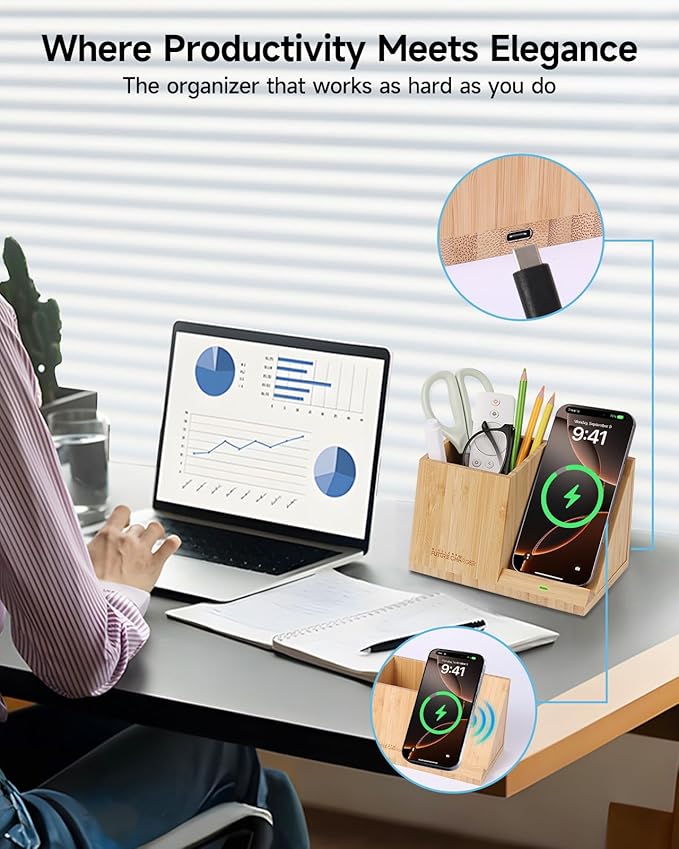 Bamboo Pen Holder for Desk & Nightstand Organizer - Image 3