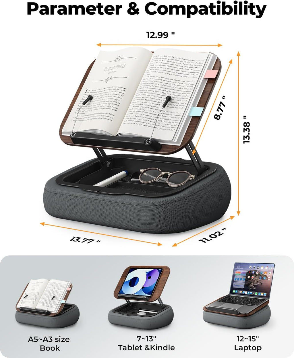 Lap Book Stand with Reading Light, Adjustable Book Holder Pillow for Bed & Couch, Hands-Free Reading Stand with Page Clips, Soft Lap Desk for Kindle, Tablet, Cookbook, Textbook Reading