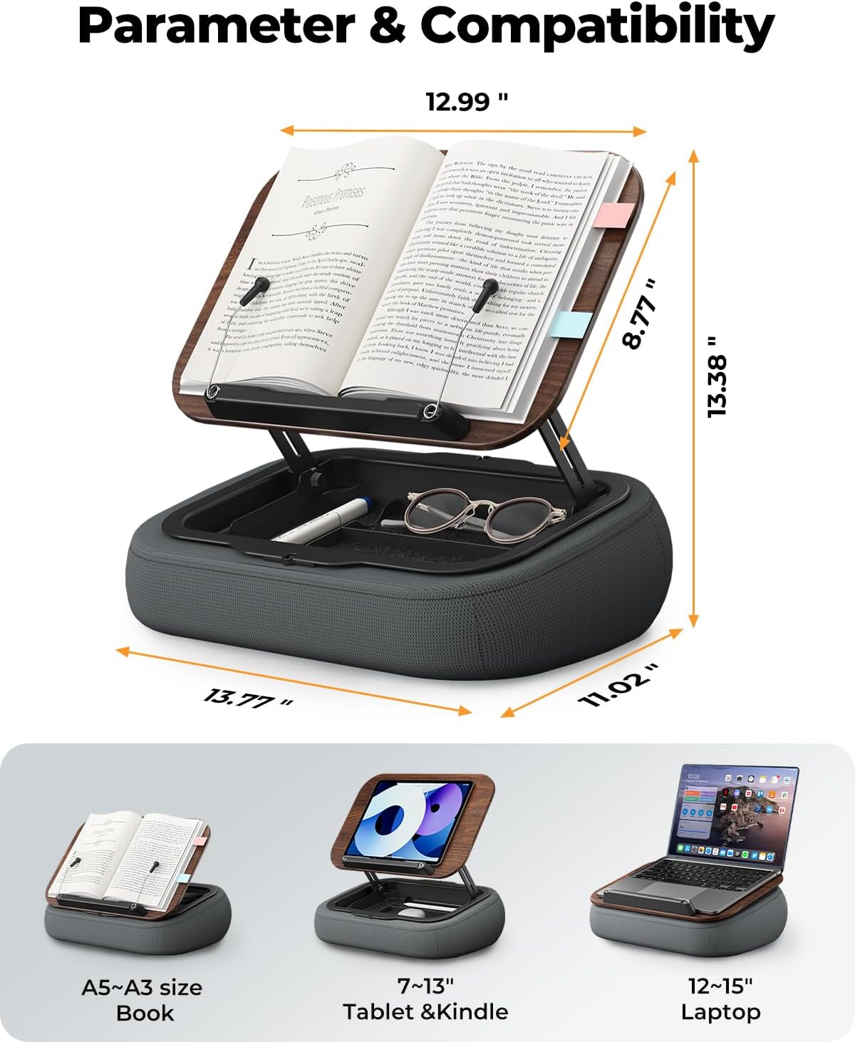 Lap Book Stand with Reading Light, Adjustable Book Holder Pillow for Bed & Couch, Hands-Free Reading Stand with Page Clips, Soft Lap Desk for Kindle, Tablet, Cookbook, Textbook Reading