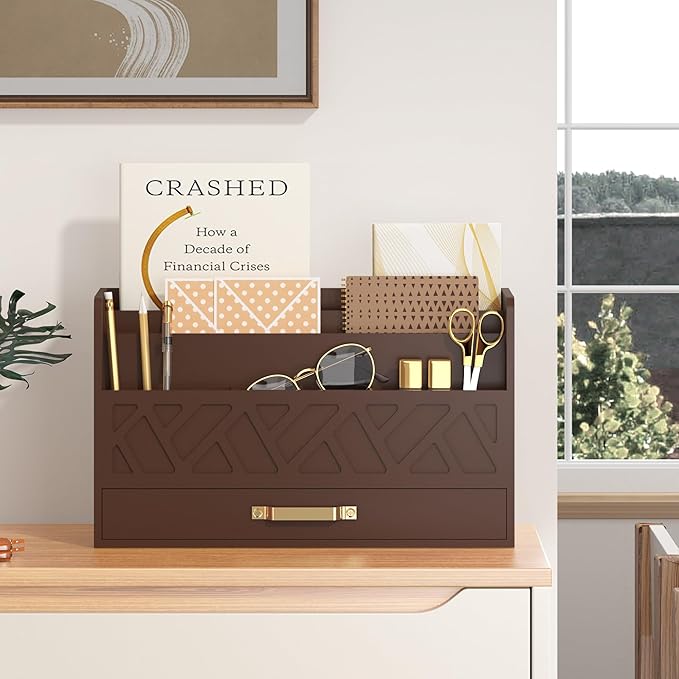 WISUCART Bamboo Mail Organizer Countertop Wood Desk Organizer Drawer Tabletop by WISUCART
