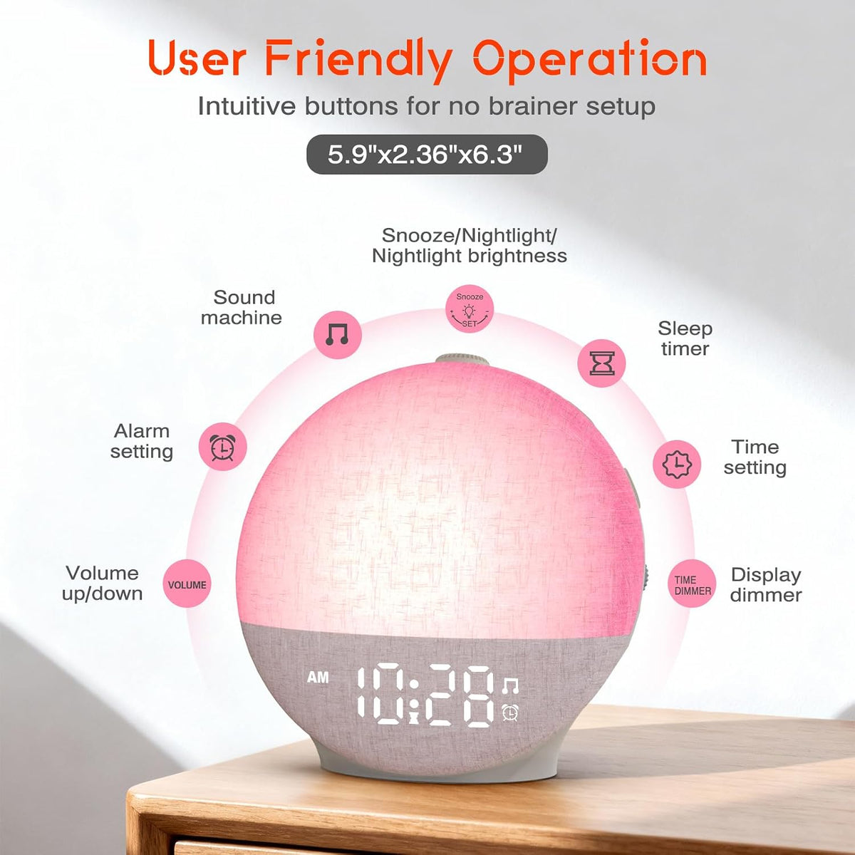 sunrise alarm clock white noise machine, sunset simulation on a desk or shelf