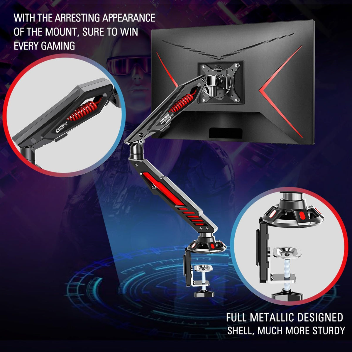 MOUNT PRO Single Gaming Monitor Stand - Mechanical Spring Display Mount, Adju...