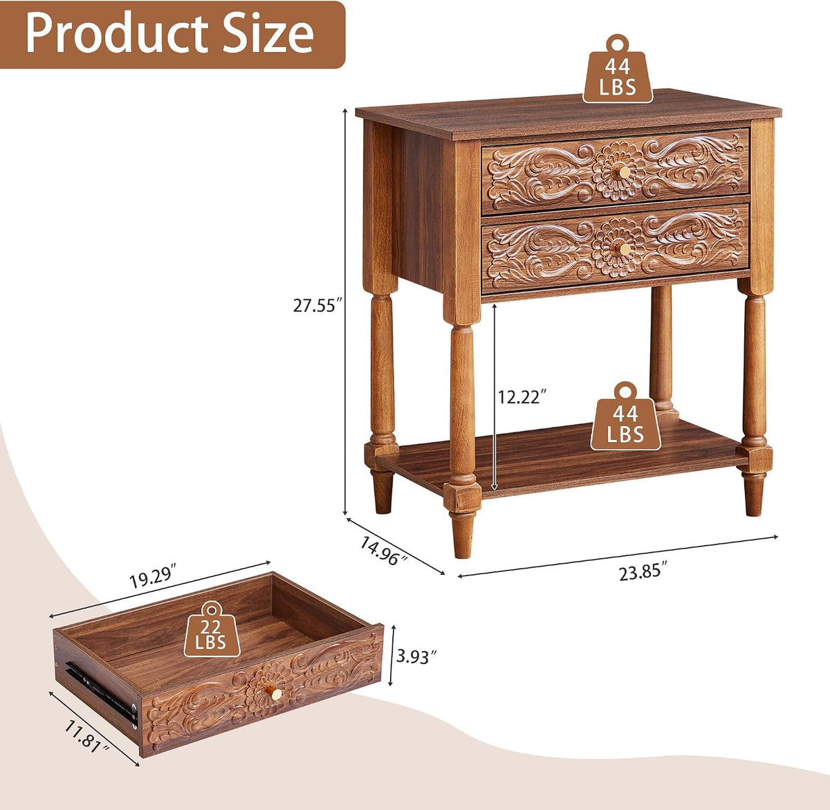 Nightstand, Farmhouse Bedside Table with 2 Drawers and Open Shelf