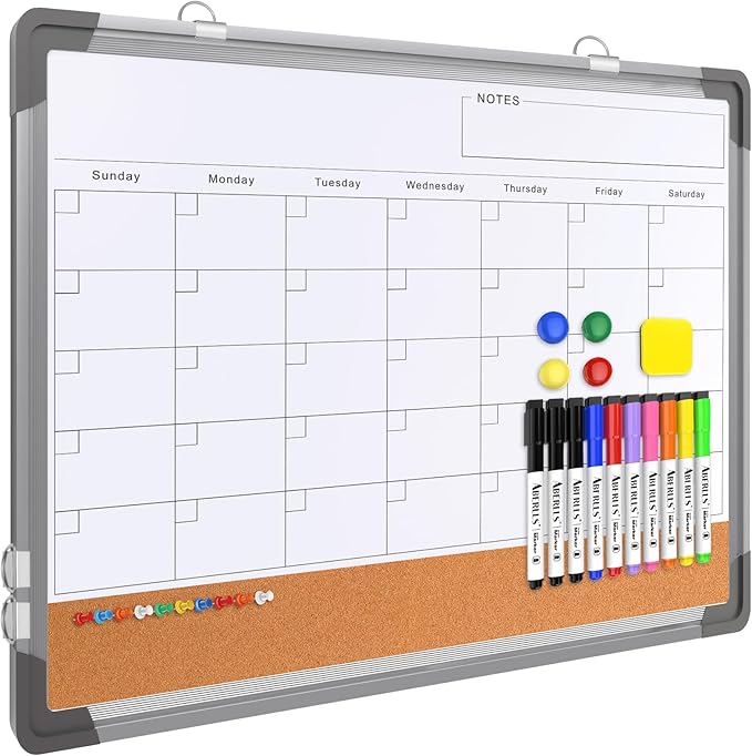 Monthly Calendar Whiteboard Dry Erase Cork Board Combination by ABERLLS