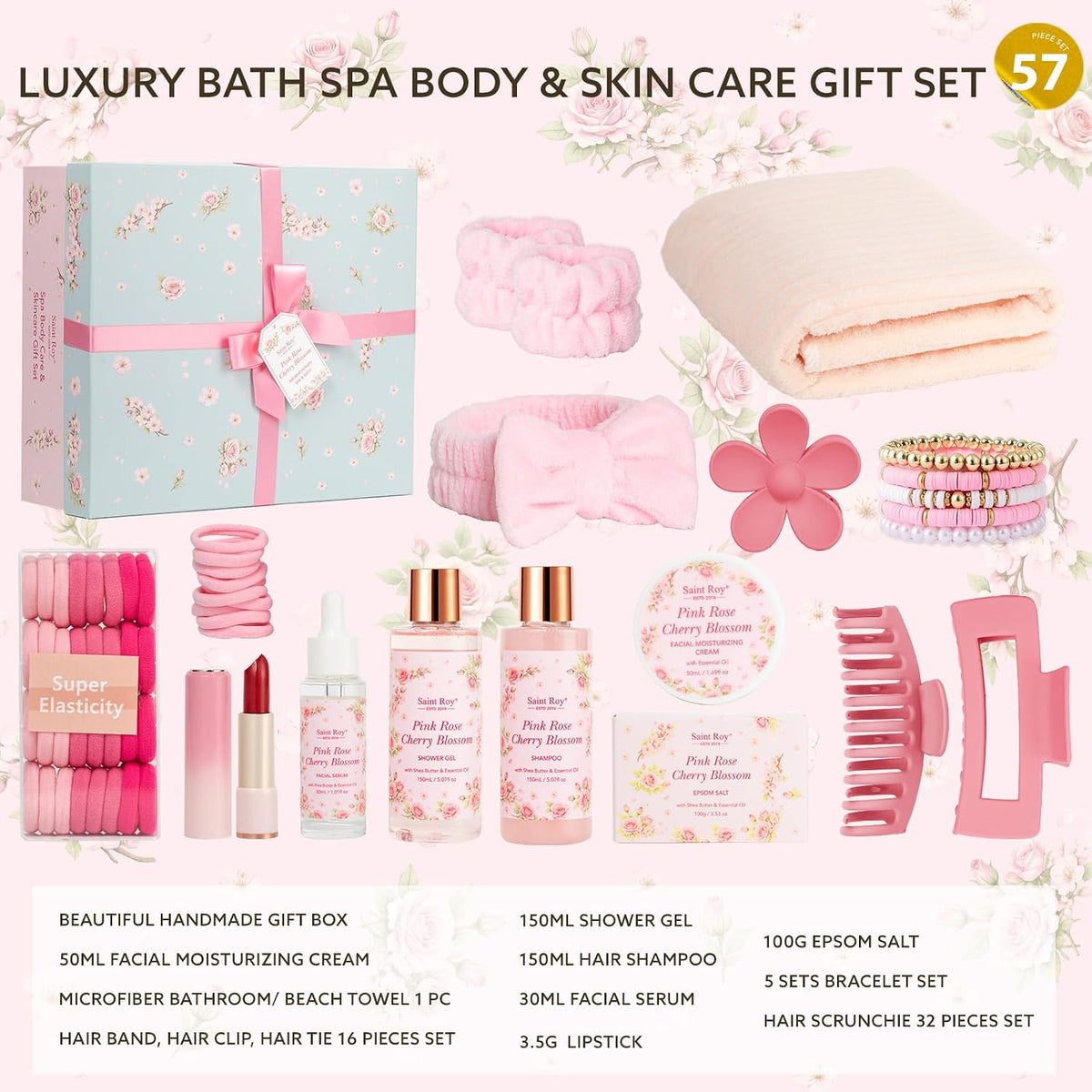 57 Pcs Bath Spa Kit for Women, Rose Bath and Body Gift, Facial Skin