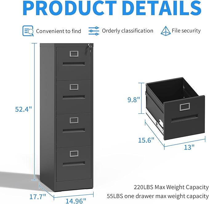 Yukimo 4 Drawer File Cabinet, Vertical File Cabinet - Image 3
