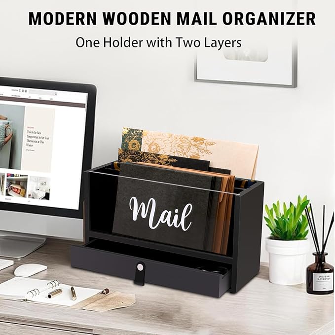 Two-Layer Solid Wooden Mail Storage Organizer Holder - Image 2