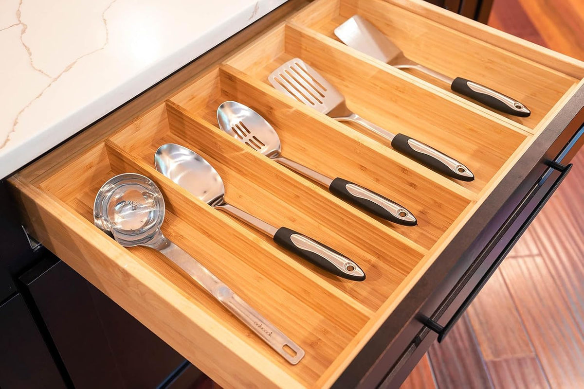 Umilife Bamboo Kitchen Utensils Organizer, 13 Inch Drawer Dividers for Silver...