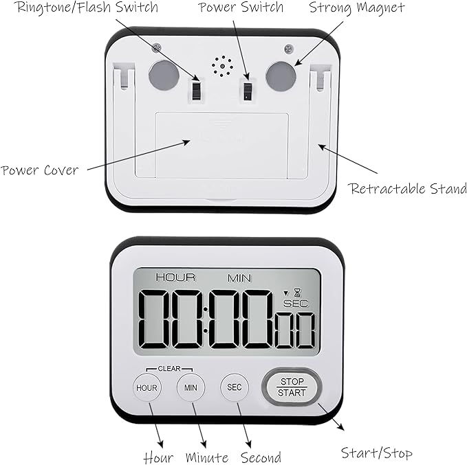 Digital Kitchen Timer Magnetic Loud Alarm, Large LCD Screen Silent/Beeping - Image 4