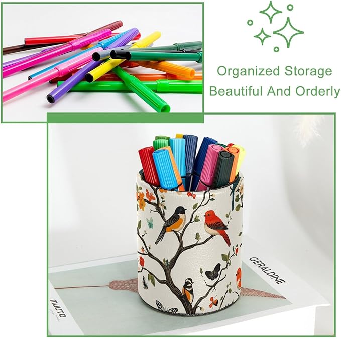 Leather Pen Holder for Desk, Colored Birds Flowers Trees Pencil Cup Desktop - Image 3