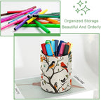 Leather Pen Holder for Desk, Colored Birds Flowers Trees Pencil Cup Desktop - Image 3