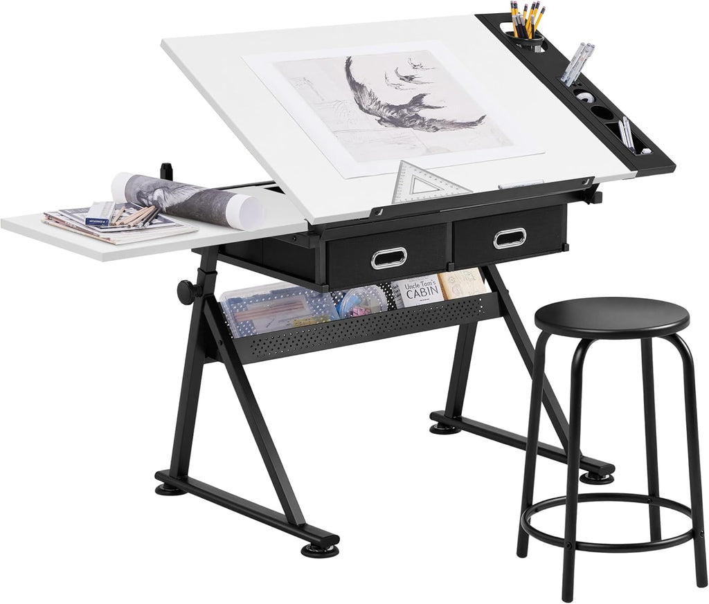 yaheetech adjustable drafting table art desk,storage drawers & shown in use