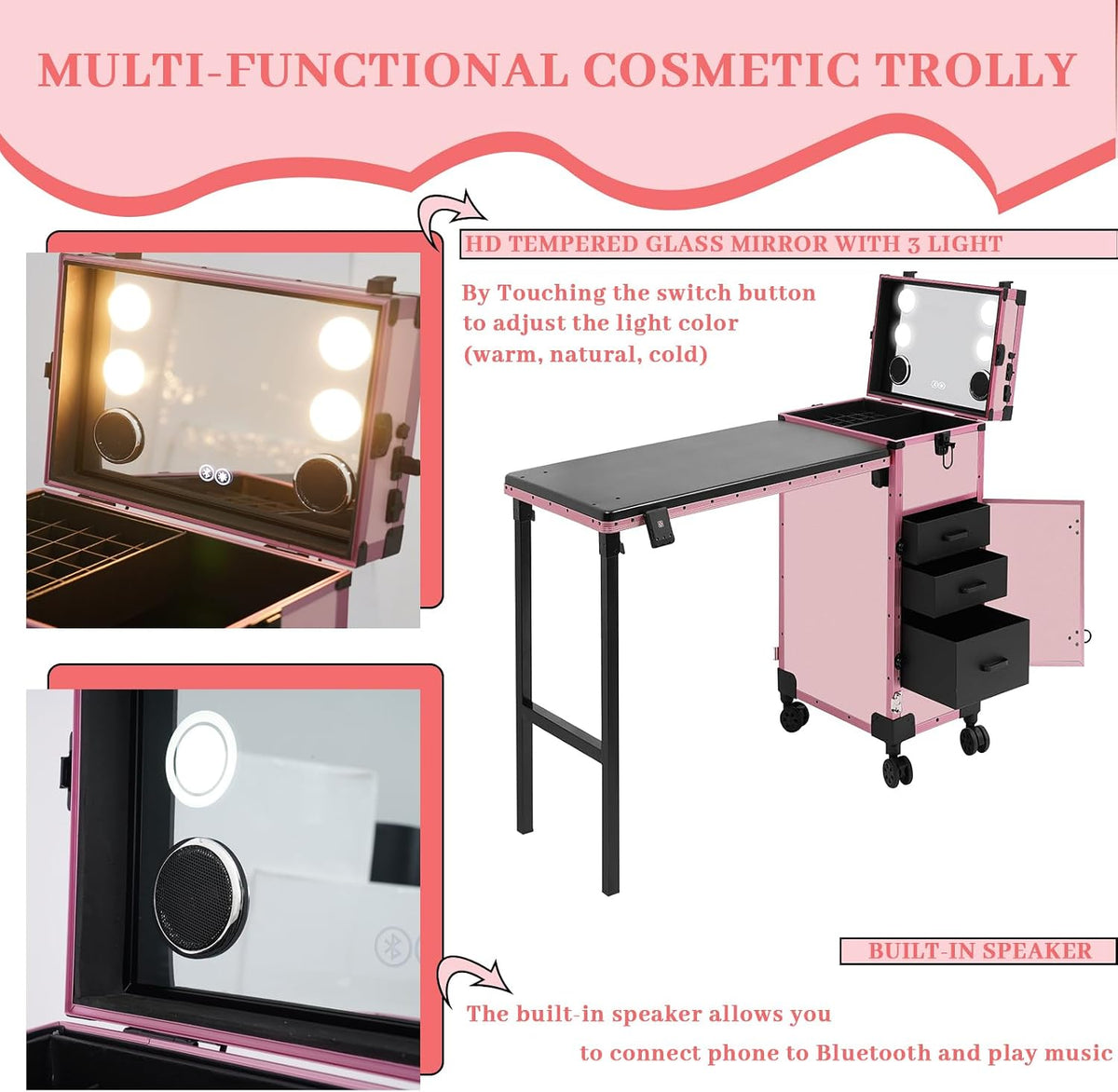 Rolling Makeup Train Case with 4 Drawers&Mirror, Foldable Makeup Nail Des...