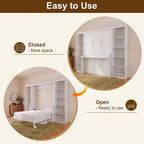 Olela Murphy Bed Queen Size with Mattress Desk and Bookcase, Vertical Murphy Wall Bed Cabinet Desk and Bookshelf Storage Combo, Space Saving Hideaway Beds for Home Office Guest Room, White