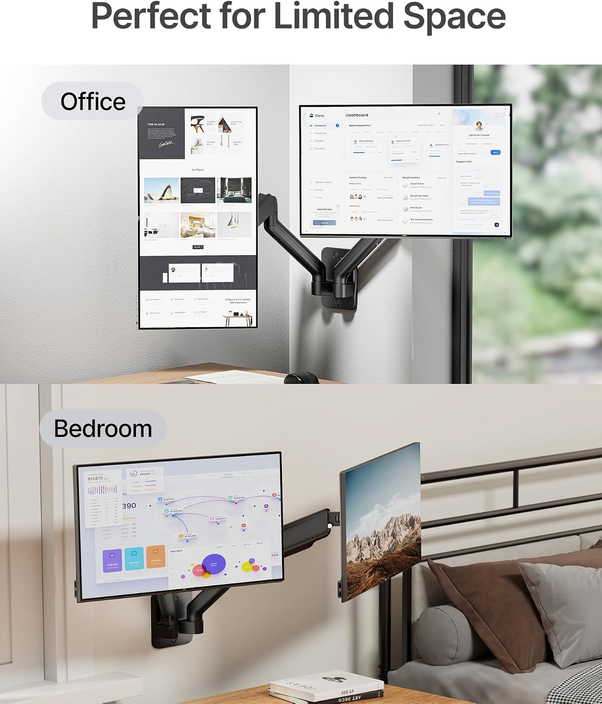 monTEK Dual Monitor Wall Mount, Full Motion Spring Arm for 17-32" Screen