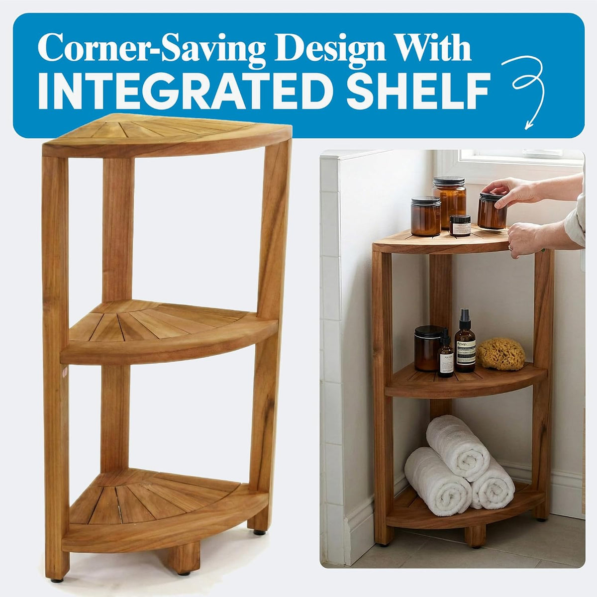 AquaTeak Kai-Petite 12" Teak Corner Shelf Stand, 3 Tier Shower Stand