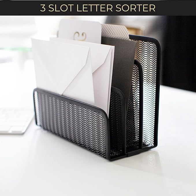 BLU MONACO Black Metal Mesh Letter Sorter | 3-Slot Mail Organizer - Image 4