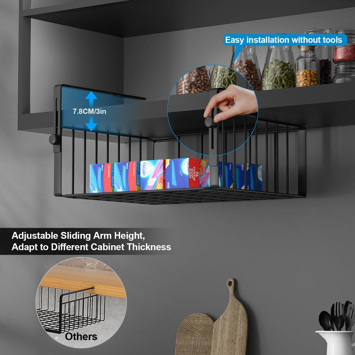 AmonHouseware 2Pack Under Shelf Basket Storage,Adjustable Hanging,Black