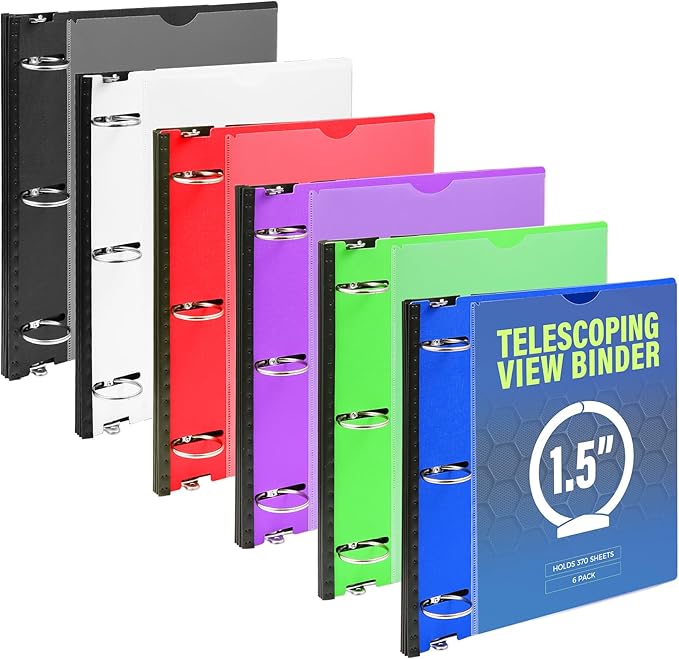 WOT I 1.5 Inch Telescoping 3 Ring Binder 6 Pack, Expandable Flexible Binder by WOTI