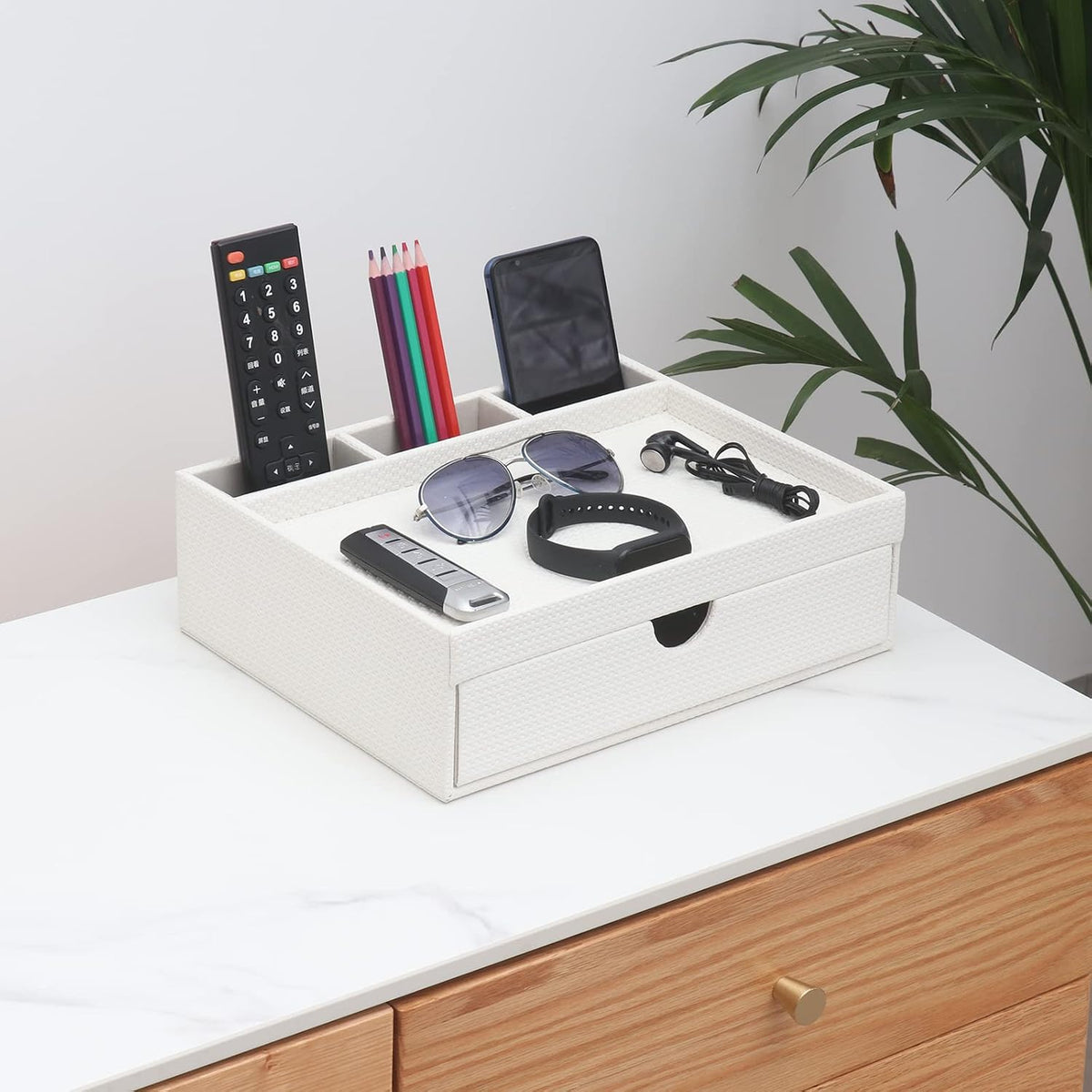 Leather Desk Organizer With Drawers, Home Cosmetics & Phone Remote Organi...