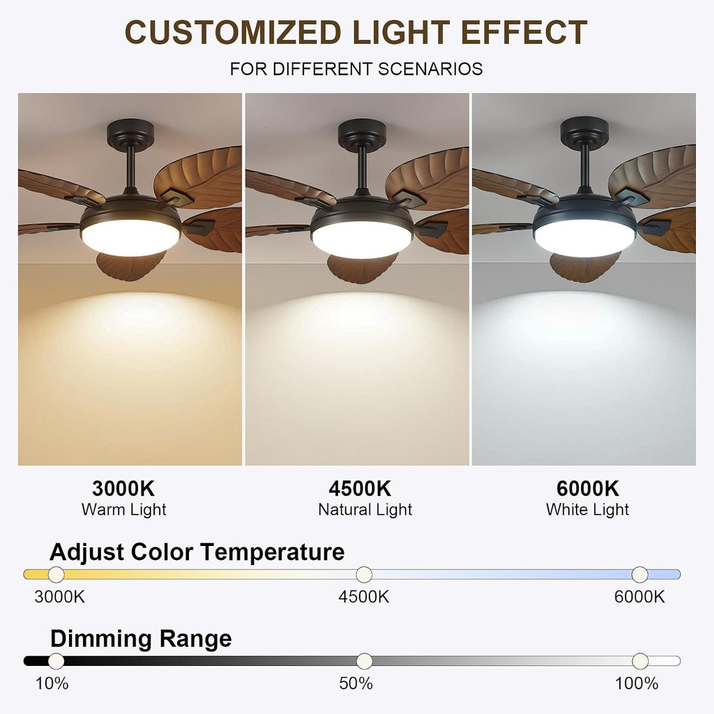 52"brown tropical outdoor palm leaf ceiling fans with, close-up detail