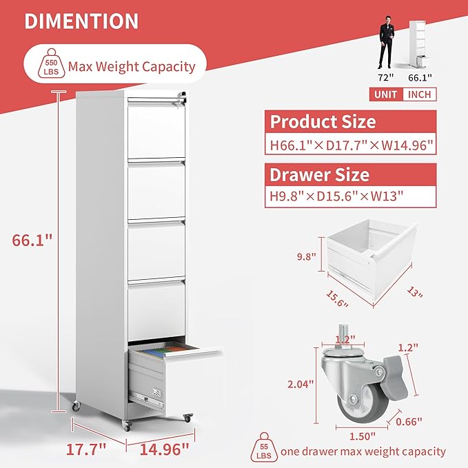 IKIMI 5 Drawer File Cabinet - Image 3