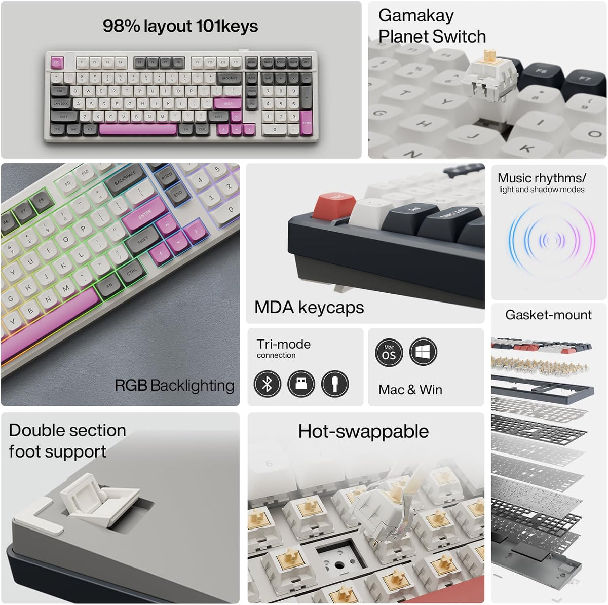 GK GAMAKAY TK101 98% Wireless Mechanical Keyboard with Number Pad 101 Keys