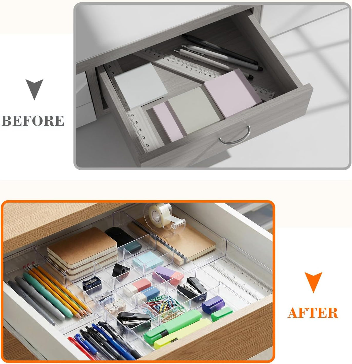 Briwooody 2 Pcs Expandable Drawer Organizer, Clear, 15 Compartments