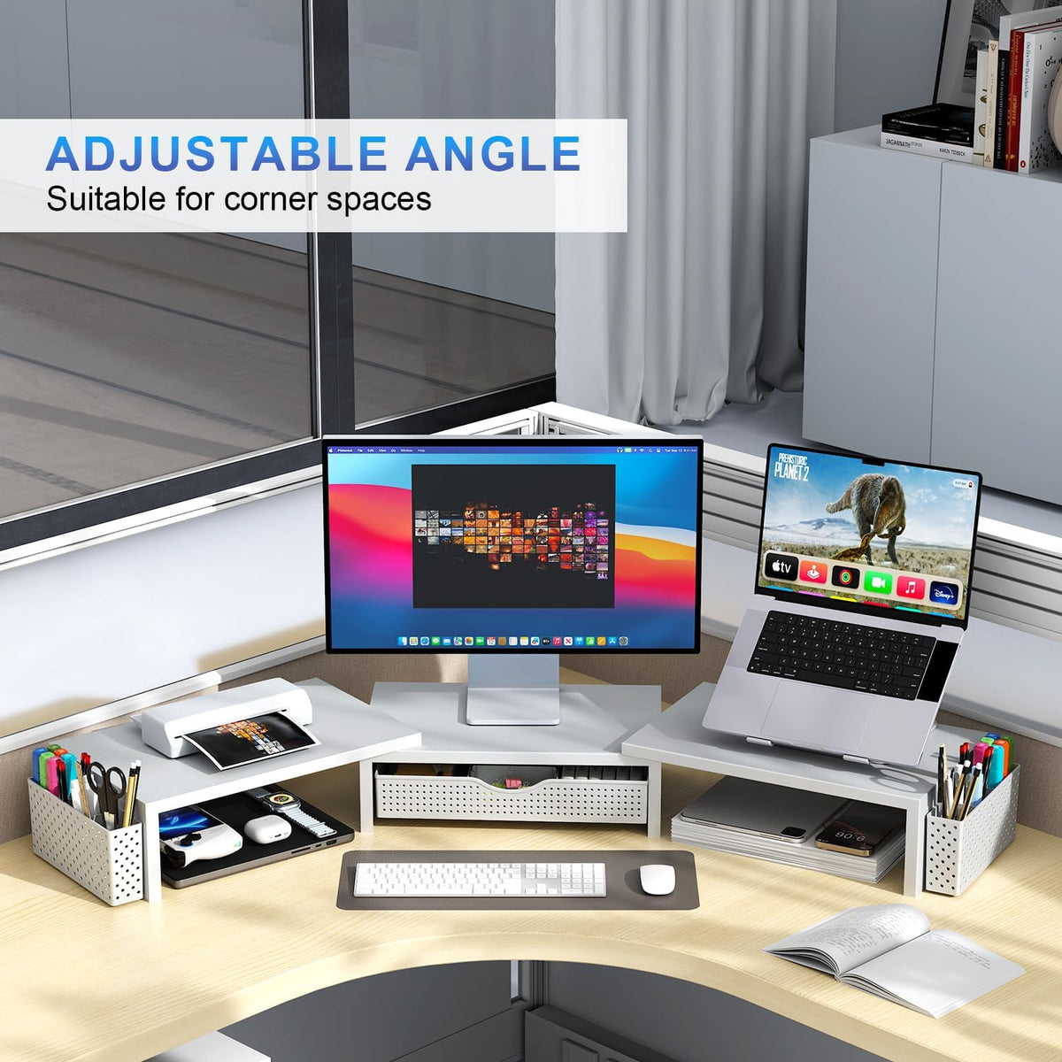 gianotter dual monitor stand riser with drawer and, side view