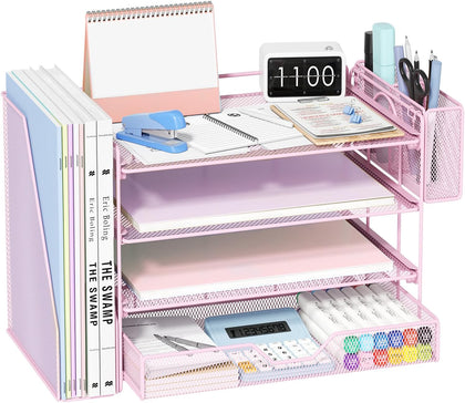OPNICE Desk Organizers and Accessories, 4-Tier Desktop File Organizer with Drawer and Pen Holders, Office Desk Accessories Workspace Organizers for Office Supplies (Soft Pink)