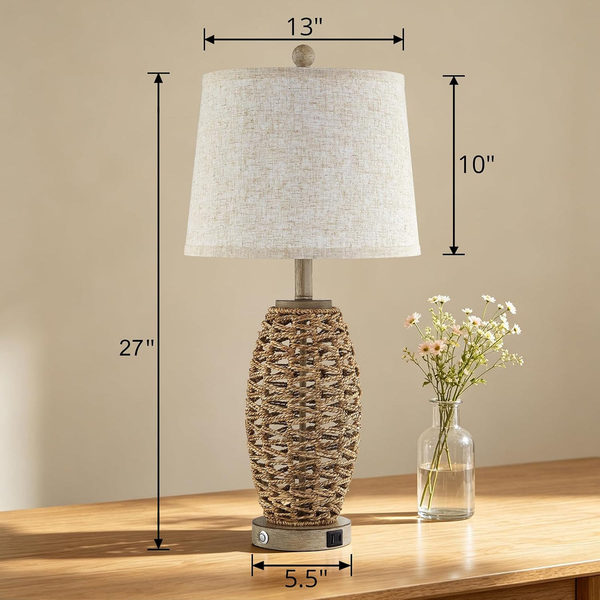 Rattan Table Lamp for Living Room, Dimmable Touch Lamp for Bedside Table in B...