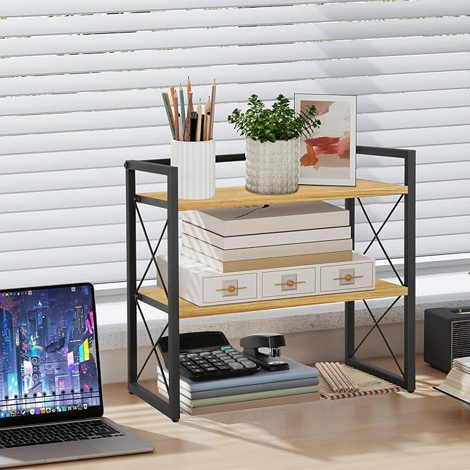 YINMIT Desktop Shelf Organizer, 2 Tier Office Shelves, Wood Desk Organizer - Image 2