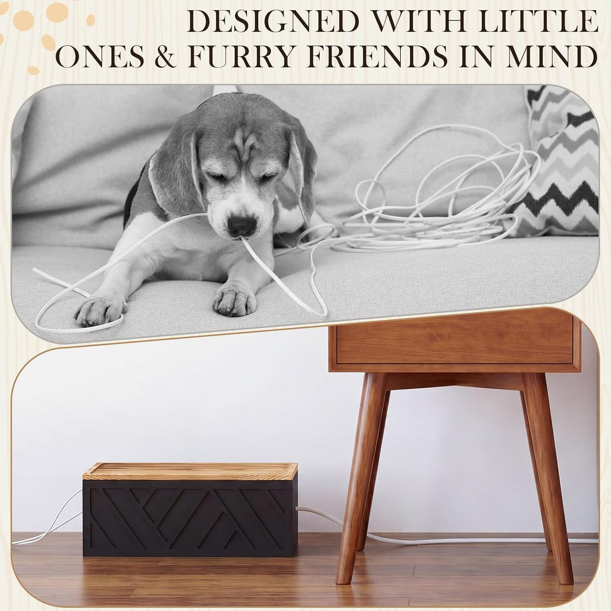 Chunful Large Wooden Cable Management Box, Geometric, Black