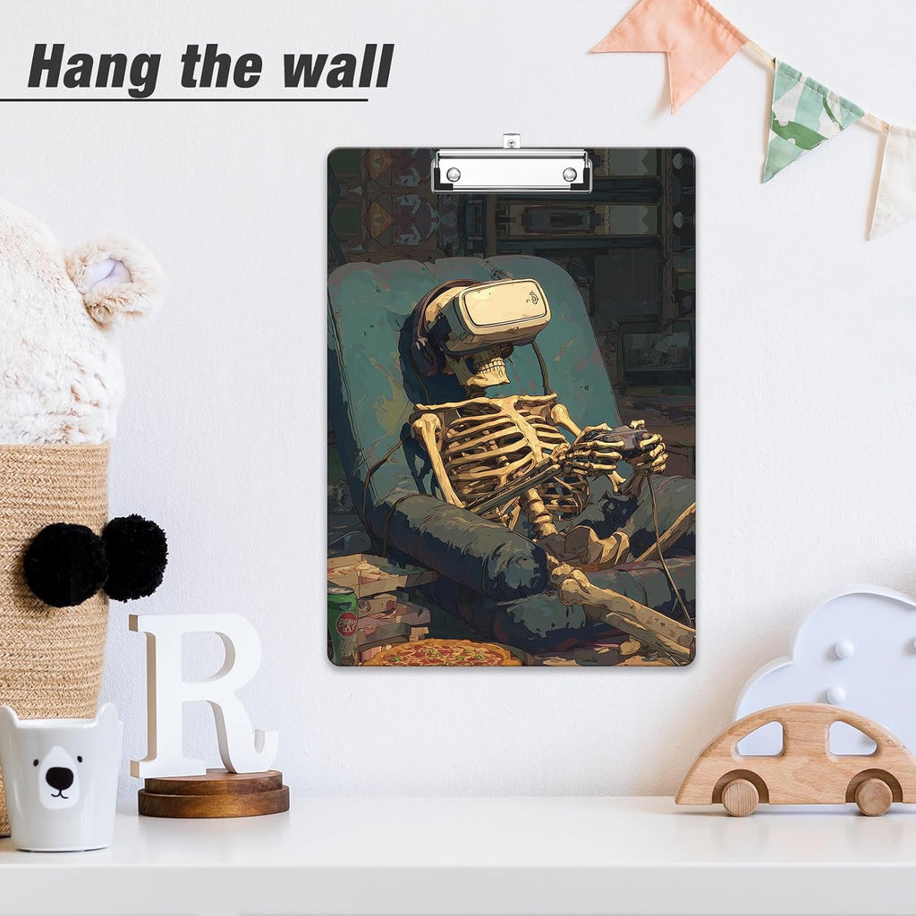 Rimilak Wood Clipboard, 8.5x11 Hardboard Clip Board, Game Skeleton | Fun Design, Cute Custom Pattern, 9 x 12.5 in Letter Size for Classroom, Teachers, Kid, Woman, School & Office Supply