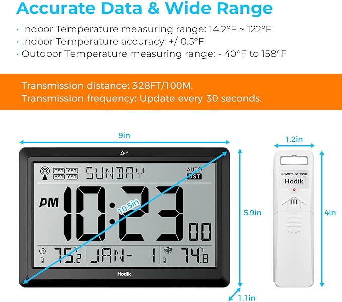 Wall Clock Atomic with Indoor Outdoor Temperature Battery Powered, Easy Reading - Image 6