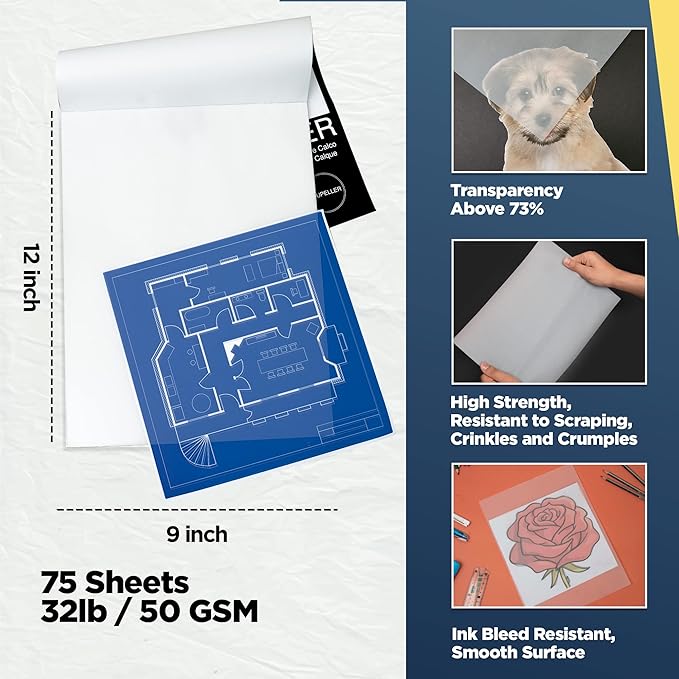 LOUPELLER 9” x 12” Tracing Paper Pad – 75 Sheets of 32lb 50g – Wrinkle Free - Image 2