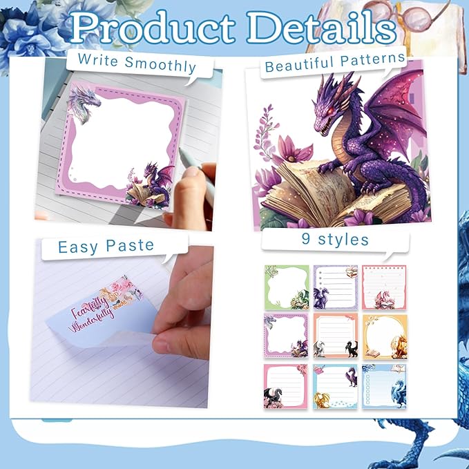 Lovarywow Dragon Sticky Notes Gifts, 9 Pack Cute Dragon Notepads 3x3 Inch Gifts - Image 3
